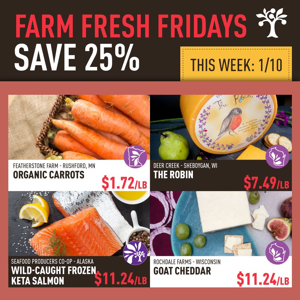sewardcoop's tweet photo. Don't miss #FarmFreshFridays deals for 1/10! For #onedayonly all Seward shoppers can save 25% on these #CommunityFoods products: #Organic Carrots - Featherstone | Goat Cheddar - @RochdaleFarms | The Robin - Deer Creek | #WildCaught Frozen Keta Salmon - Seafood Producers #Coop https://t.co/CaoTOqc8xq