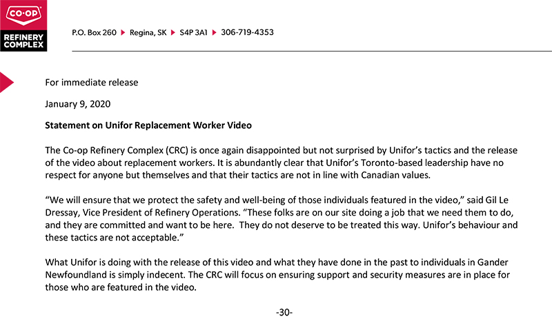 Statement on <a href="/UniforTheUnion/">Unifor</a> Replacement Worker Video