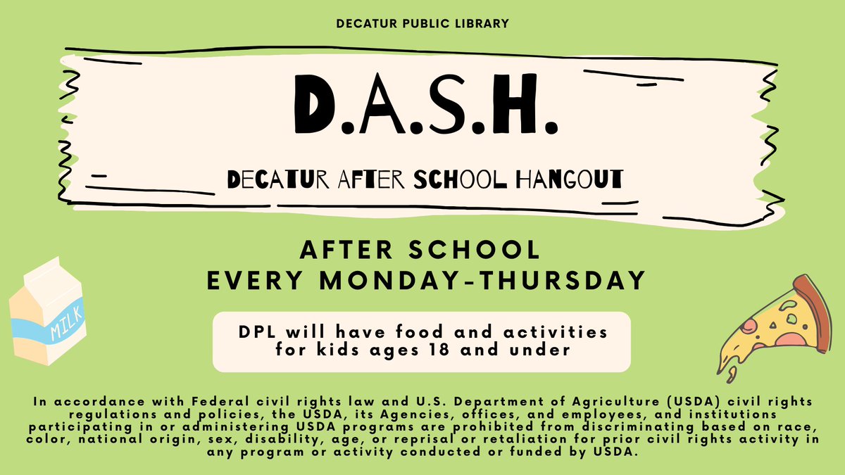 decaturisd's tweet photo. Check out this free after-school program at @decaturlibrary! D.A.S.H. will cure your kid's after-school "hanger" and boredom! Awesome snacks and some cool activities afterwards. Students under 18 welcome. Food served 3:45-4:15pm. #dash #dpltx #afterschoolprograms https://t.co/lafaiureTr