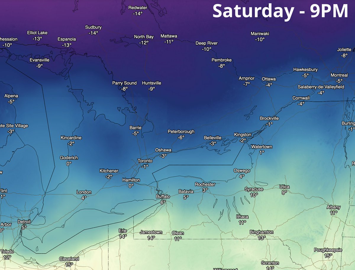 #onstorm #onwx Hearing a lot of this today: "But my weather app says it's going to be 3°C...5°C...10°C etc. on Saturday. No freezing rain here!"

While that's true, what is being shown is the temperature 'high' on Saturday which will be reached early Saturday morning.