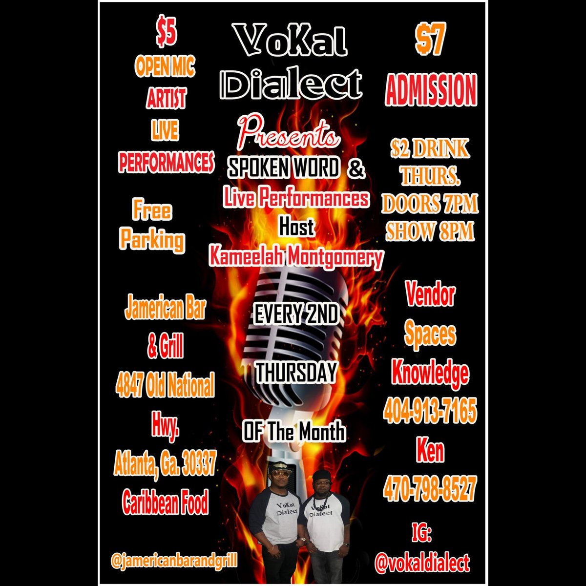 MooreKenwardo's tweet image. VoKal Dialect Presents Spoken Words and Poetry with Host Sista Kameelah Montgomery, every 2nd Thursday of month at the Jamerican Bar and Grill 4847 Old National Hwy. #vokaldialect #spokenword #poetry #vending #openmic #altnightlife #Jamericanlounge