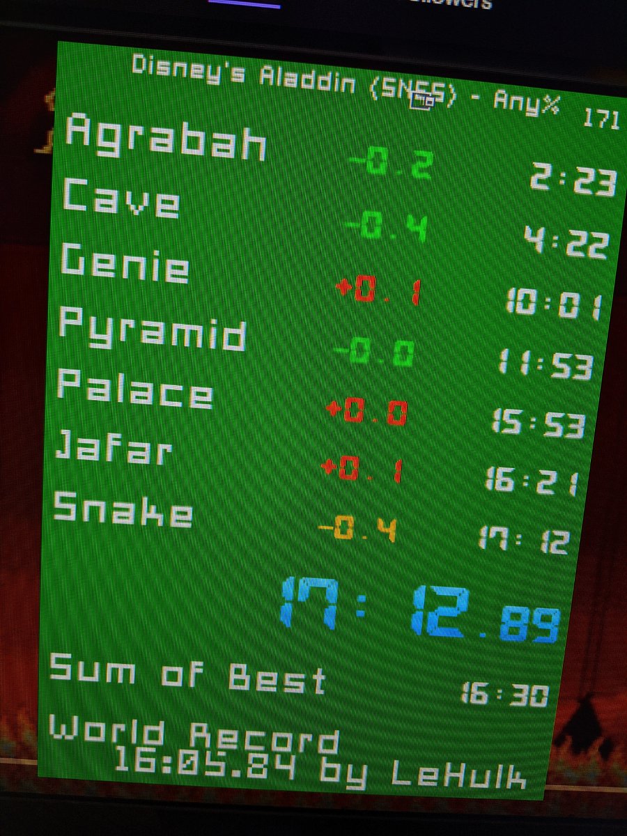 So after retiming the fastest run of today it seems that this is my new pb as it stands now. Just one second faster, but still happy, since I tried new strats. More Aladdin this weekend :)