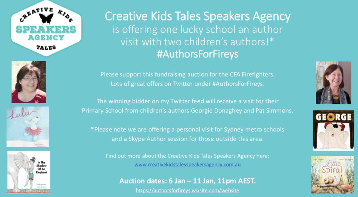 Creative Kids Tales Speakers Agency is auctioning an author visit from two children’s authors to raise funds for the CFA. Bids close 11 January #AuthorsForFireys