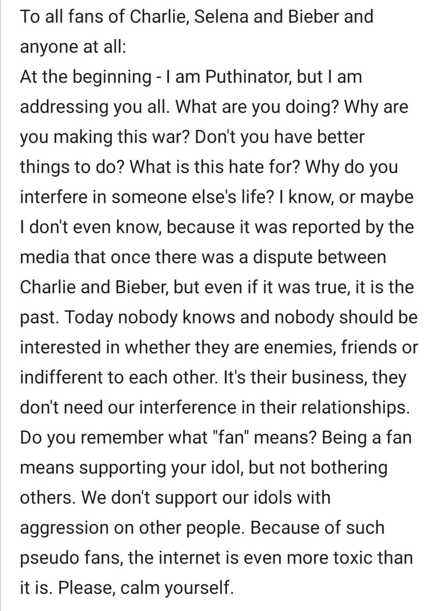 michaela_koza's tweet photo. @charlieputh @justinbieber I don't know if you guys know what's going on, but it's getting worse between fans #charlieputh #JustinBieber #puthinator #puther #Beliebers #SelenaGomez #PeaceAndLove #STOP #hate #fans #Selenators https://t.co/0ZG42Cak3Y