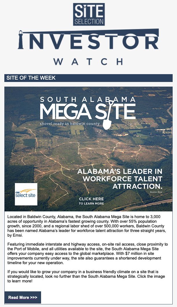 BaldwinCountyED's tweet photo. The South Alabama Mega Site is featured as @SiteSelection's "Site of the Week" in this week's Investor Watch! Learn more about Alabama's premier site at https://t.co/QbWcUTnIZd https://t.co/57Inf0WPRC