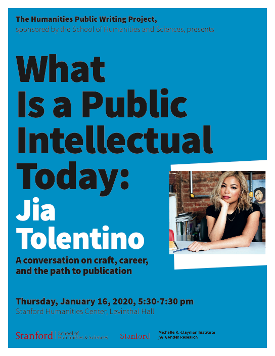 Clayman_Inst's tweet photo. Have you responded for next Thursday? Co-sponsoring with the Humanities Public Writing Project a discussion with celebrated essayist Jia Tolentino (Trick Mirror) from 5:30-7:30pm on Th Jan 16. Note location has moved to CEMEX Auditorium. RSVP: https://t.co/JFLchz2o9S https://t.co/C3ZHli7bis
