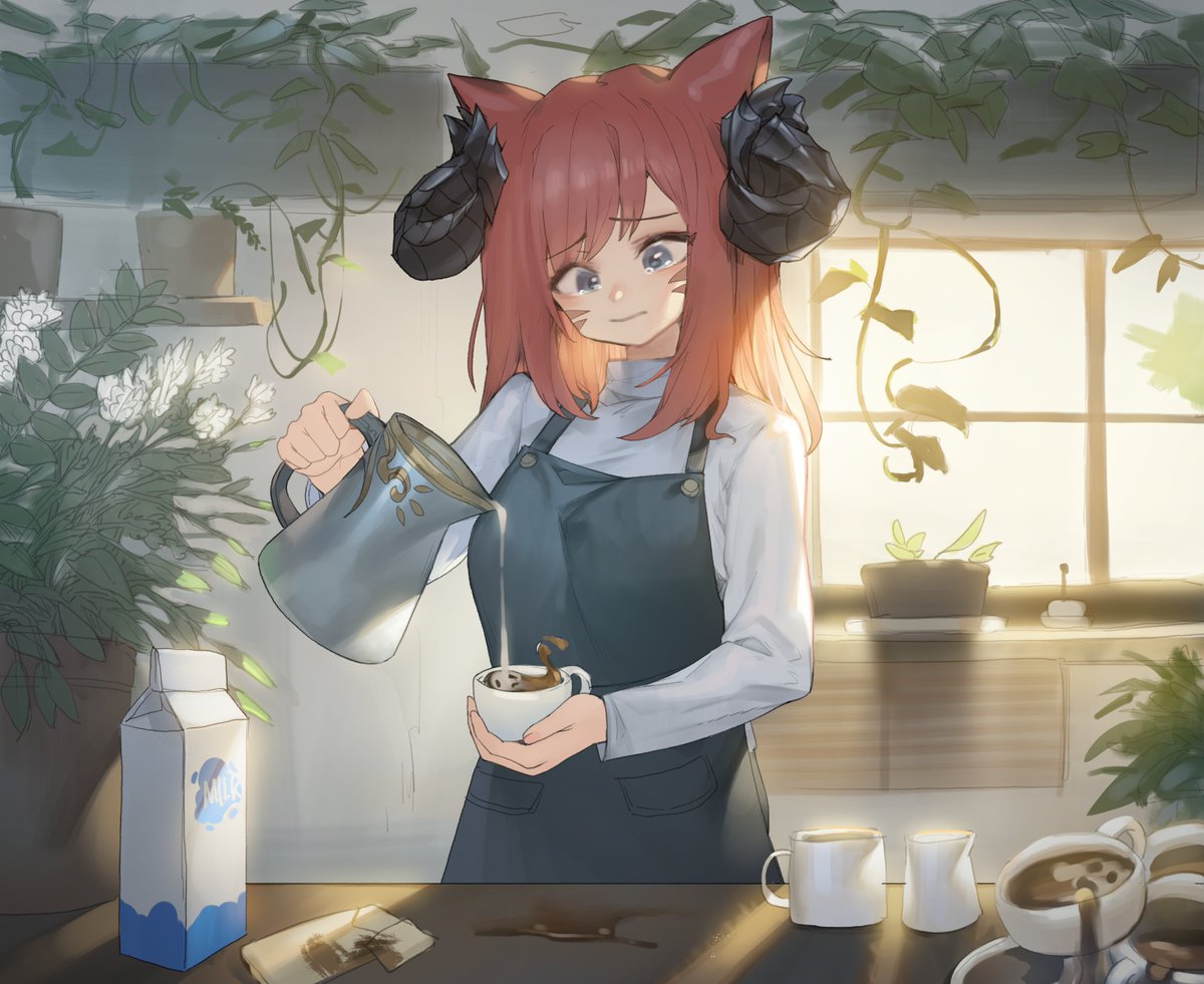 1girl solo horns animal ears cup plant apron  illustration images