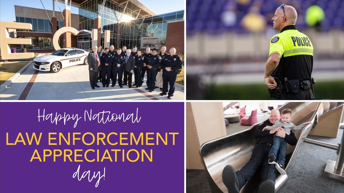 Happy #LawEnforcementAppreciationDay 💜 Thank you to the men and women of <a href="/ECUPolice/">ECU Police</a> 👮 who keep our campus safe today and every day!

Say "hello" or "thank you" to an officer to show your appreciation, #PirateNation 💛