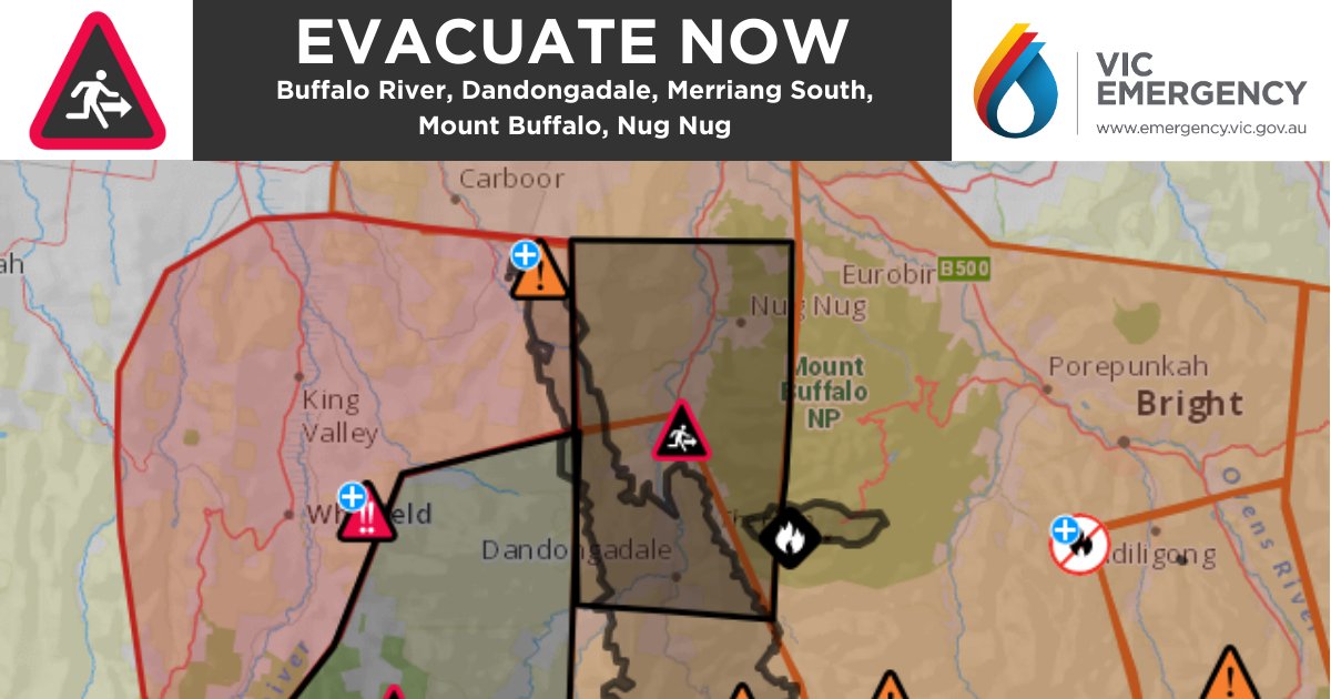 EVACUATE NOW - In anticipation of fire activity on Friday, we are recommending residents evacuate from Buffalo River Valley to Back Creek emergency.vic.gov.au/respond/#!/war…