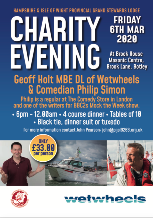 We're delighted to be hosting another annual charity evening, Friday 6th March at Botley Masonic Centre at 6pm. The evening is in aid of <a href="/WetwheelsFdn/">Wetwheels Foundation</a>. With a 4 course meal &amp; <a href="/PhilipsComedy/">Philip Simon - Stand Up Comedian</a> entertaining, it promises to be an amazing night. Selling fast so book now! <a href="/HantsMason/">Hants & IoW Masons</a>