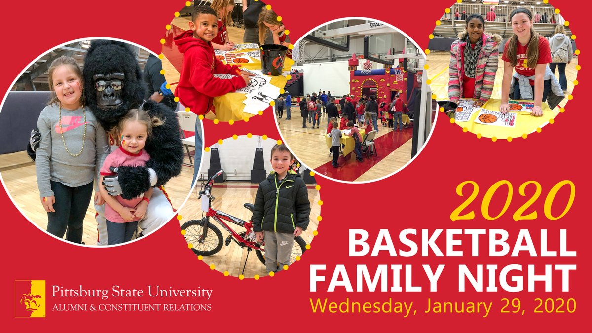 Join us for PSU Basketball Family Night on Jan. 29!

Family Night, hosted by <a href="/PittStateAlumni/">Pitt State Alumni🦍</a>, includes game ticket, dinner, access to kid zone, PSU foam fingers, and a chance to win one of two brand new bicycles!

Sign up here: bit.ly/2EhZub6