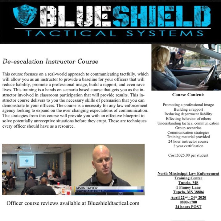 nmletc's tweet image. Blue Shield Tactical De-Escalation Instructor Course April 22-24 Register at Blueshieldtactical.com