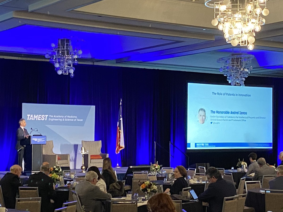 TAMESTX's tweet photo. “In the past 8 years, patent filings have gone up 37%,” in Texas.
The Honorable Andrei Iancu, @uspto, sharing his insight on the role of patents in innovation. #TAMEST2020 https://t.co/inRTfpqzva