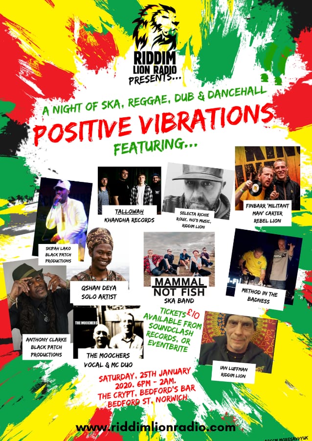 Soon! Catch us with a stacked lineup in Norwich 

🔥 <a href="/RiddimLion/">Riddim Lion Radio</a> presents POSITIVE VIBRATIONS 🔥 A night of ska, reggae, dub and dancehall 🎶 Sat 25th Jan at The Crypt, Bedfords Bar, Norwich, NR2 1SL. Tickets and event info: lnkd.in/g7HNQR6
#Norfolk