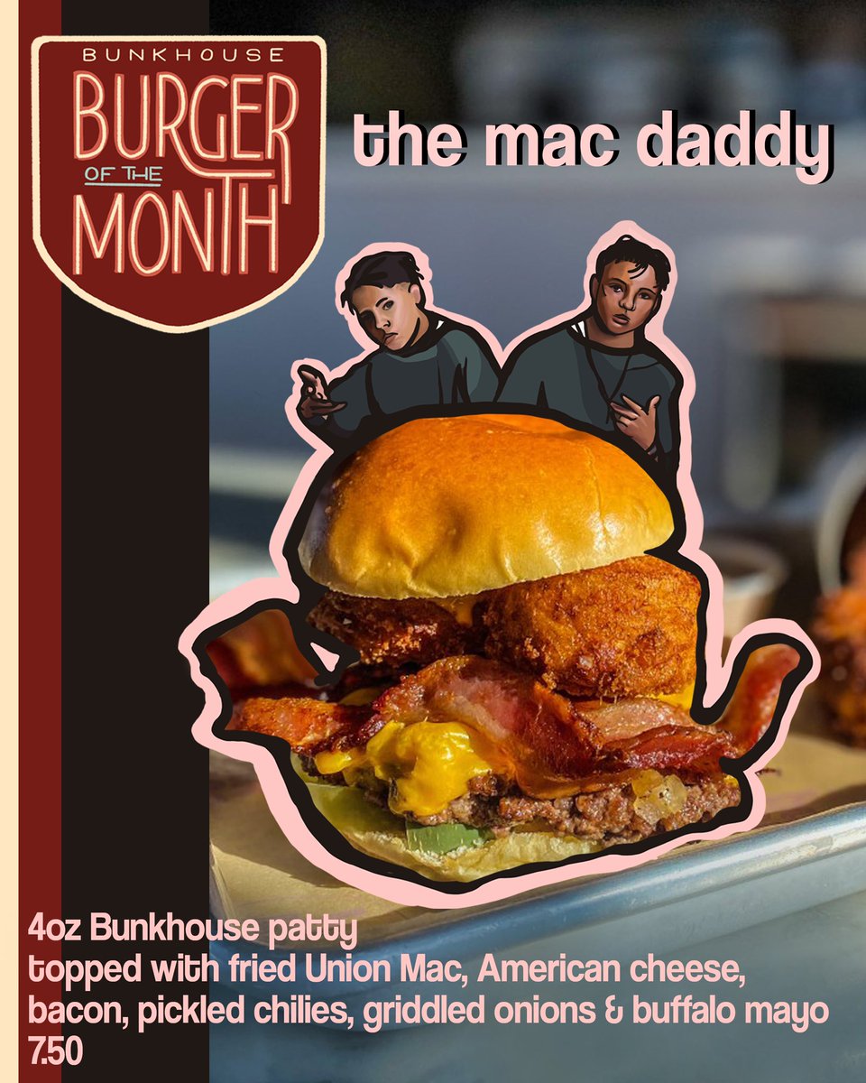 eatbunkhouse's tweet photo. Bunkhouse will make ya chomp chomp!! The January #Burger of the Month...The Mac Daddy - 4oz Bunkhouse patty topped with fried Union Mac, American cheese, bacon, pickled chilies, griddled onions &amp; buffalo mayo 7.50 #macdaddy #bunkhouseburgers #burgerofthemonth #unionjoints https://t.co/BG15d8bVM7