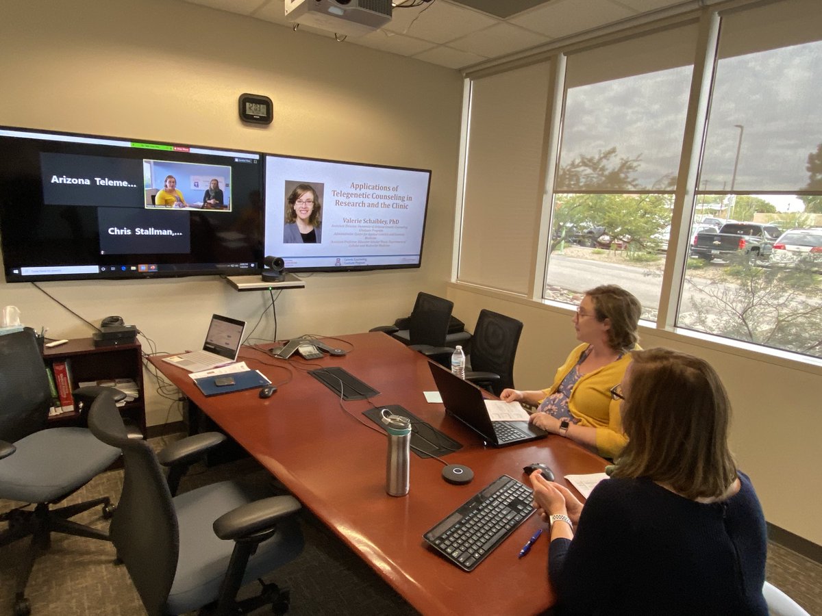 TelehealthAZ's tweet photo. “Applications of Telegenetic Counseling in Research and the Clinic” with Valerie Schaibley, PhD  from TCAG2M happening now! Archive will be available @www.telemedicine.arizona.edu #telegenetics #telehealth ⁦@UAZMedTucson⁩ ⁦@UAZATP⁩ ⁦@TCAG2M⁩ https://t.co/De68sme79t