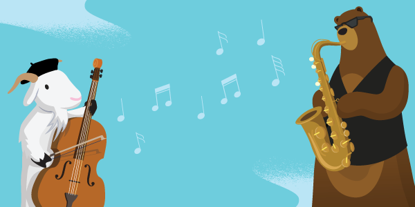 Cloudy the Goat wears a beret hat while playing the stand up bass. Codey the Bear wears sunglasses and a black vest while playing the jazz saxophone. Music notes swirl between them.