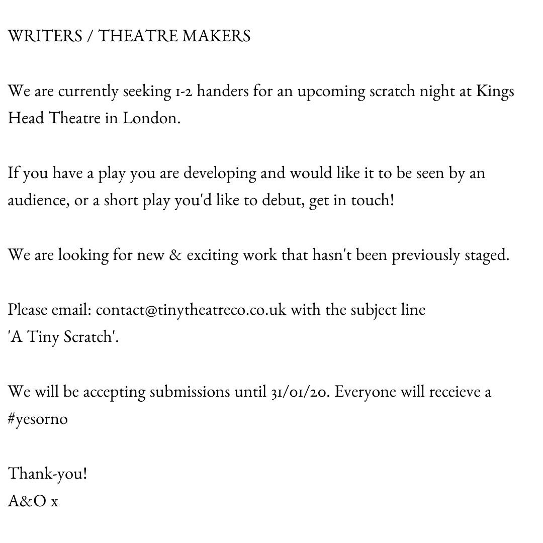 📢 PLS RT! 

#tinytheatreco #atinyscratch #kingsheadtheatre #writer #playwright #theatremaker #opportunity #scratchnight #playsubmissions #seekingplays #londonplaywrights