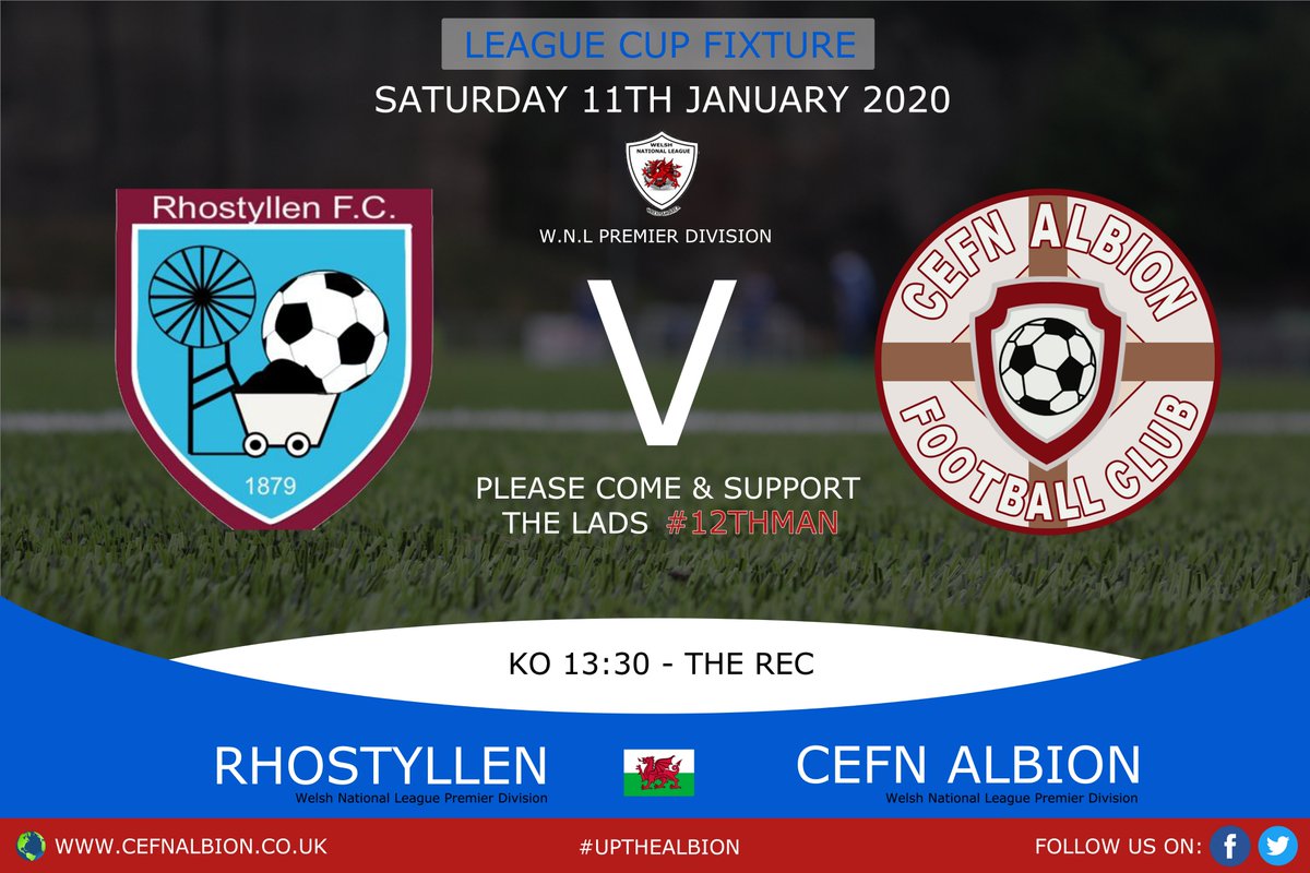 WEEKEND | Both teams in action this weekend with the first team travelling to <a href="/RhostyllenFC/">Rhostyllen FC</a> in the league cup (KO 13:30), a competition we won last year &amp; our reserves welcoming <a href="/the_nomads/">Connah's Quay Nomads FC</a> in the league (KO 14:00). Two difficult fixtures so please come and support the #ALBION.
