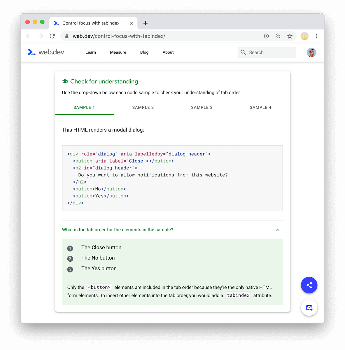 Screenshot of example of self assessments on web.dev.