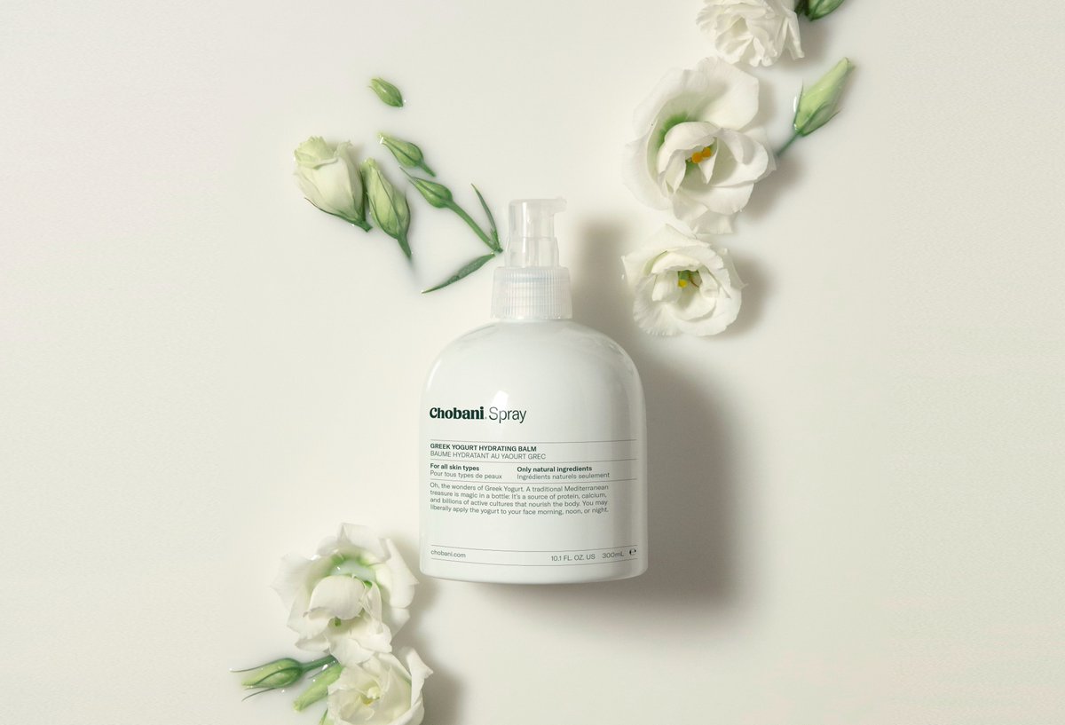 Chobani's tweet photo. .@jimmyfallon Think of that little yogurt spray less as a “yogurt bomb” and more as a “yogurt balm.” Just look up what a yogurt mask does for your skin. If anything, #GoOnGit more of it on ya. https://t.co/8WUeXYPfeJ