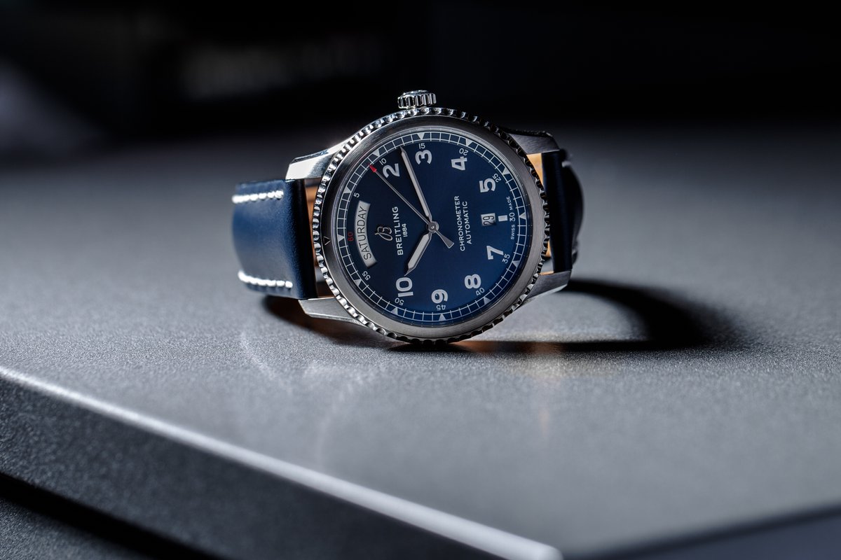 What are your thoughts on this Breitling Navitimer Aviator 8 Day-Date (A45330101C1X5)? The timepiece features a 41mm stainless steel case surrounding a blue dial on a blue leather strap.

Shop Now! bit.ly/2Fmmkiy 

#watchbox #breitling #breitlingnavitimer #navitimer