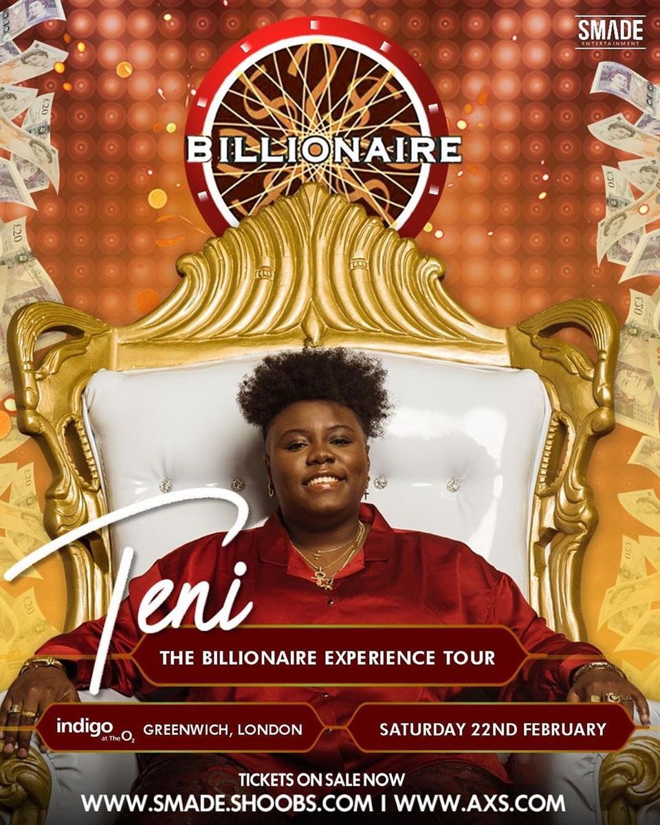 ElevateStudioUK's tweet photo. 26 Days
TENI @TeniEntertainer & Special Guests
The Billionaire Experience Tour
📆 Saturday 22 Feb 2020
🏦 Indigo at the O2 Greenwich
💰 #BillionaireExperience #TeniLive
💳 Tickets Selling fast now from £20 visit @shoobsonline @smadeevents @iamsmade https://t.co/KBJbokOgjP