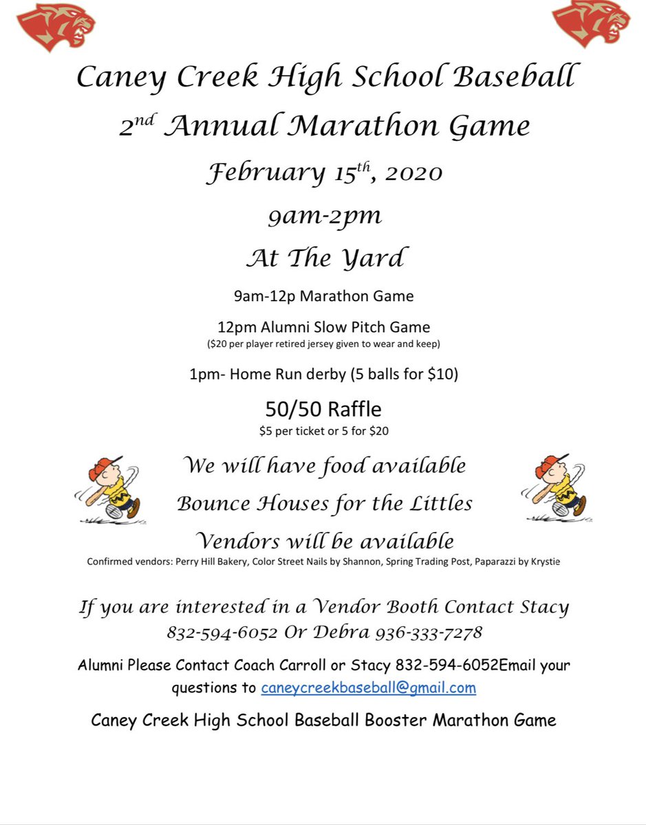 Attention Caney Creek Baseball Alumni! February 15th we will be having our 2nd Marathon game! We will be hosting many things as well as a slow pitch game! Alumni vs. Current players! How fun is that? Please message or contact Coach Carroll for more information <a href="/Coach_Carroll2/">KC Carroll</a>