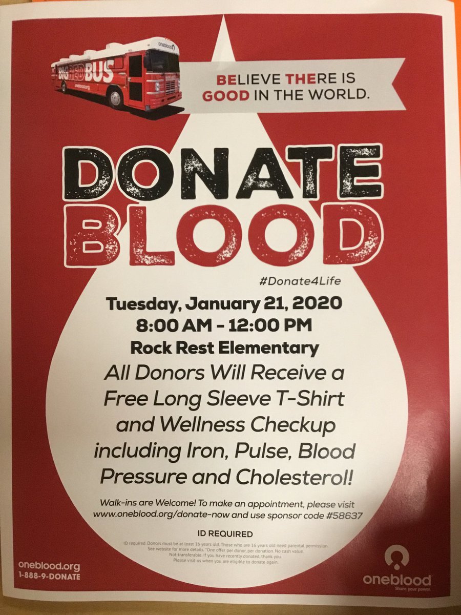 One Blood bloodmobile will be at Rock Rest on Jan. 21 from 8-12am. We invite all RRES staff, family and supporters to donate blood. Walk ins are welcome. Or make an appointment at oneblood.org/donate-now. Use sponsor code #58637 ⁦<a href="/AGHoulihan/">Andrew G. Houlihan</a>⁩ ⁦<a href="/Renee_McKinnon1/">𝓡𝓮𝓷𝓮𝓮 𝓜𝓬𝓚𝓲𝓷𝓷𝓸𝓷, 𝓔𝓭.𝓓.💫</a>⁩