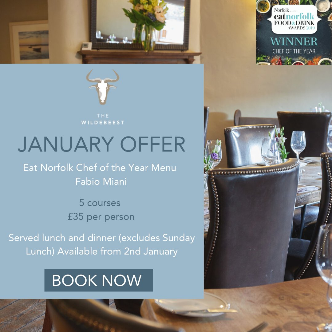 A January gift for you...

January Offer
5 courses
£35
Served lunch and dinner. Excludes Sunday lunch.

thewildebeest.co.uk/eat-norfolk-ch……

#JanuaryOffer #BookNow