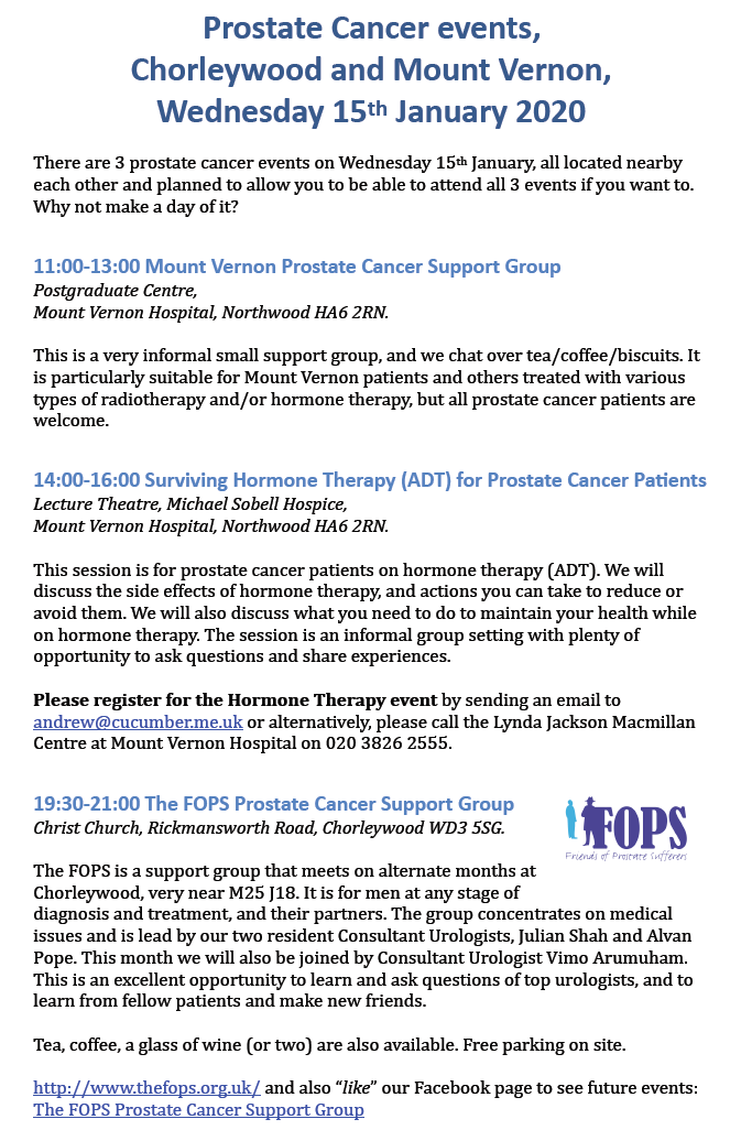 MVCCbrachy's tweet photo. If you are/have been a prostate cancer patient, treated at Mount Vernon or elsewhere, come and join us for our Prostate Cancer Support Group events on 15th January. The event is organised by our amazing Macmillan Prostate Cancer Nurse Specialist Faith Collins #pcsm #radonc https://t.co/PZNqodF6rQ