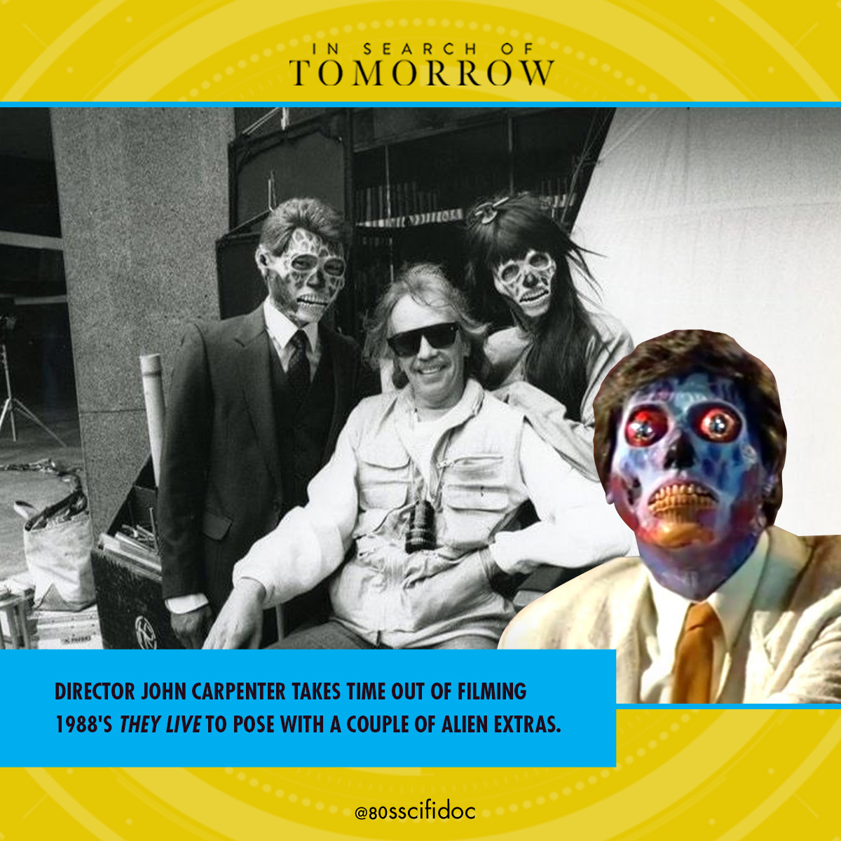 80sscifidoc's tweet photo. Director John Carpenter takes time out of filming 1988's THEY LIVE to pose with a couple of alien extras. #theylive #johncarpenter #80sscifi #film #movie #80saction #80shorror #aliens #roddypiper #keithdavid #megfoster #buckflower #peterjason #alanhowarth #extras #behindthescenes https://t.co/Bt0esg3FeD