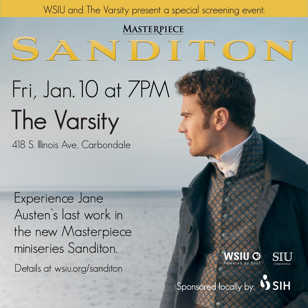 wsiutv's tweet photo. Calling all Jane Austin Fans!!! Experience one of Jane Austen's last great tales at WSIU’s free screening of Sanditon. Join us for a one-hour preview of the series, enter to win door prizes, and meet local Masterpiece fans! Sponsored locally by @SIHealthcare https://t.co/EWu97adF14
