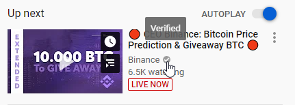 _VirtualCapital's tweet photo. @YouTube Any idea why I see a verification badge on a fake @binance acct, yet when I view it, there is no such mark? Also, why the official acct does NOT have such a badge? Could it have anything to do with the ~60mil views this fake account has brought you in revenue? #scamalert https://t.co/gzTbUaNeYk