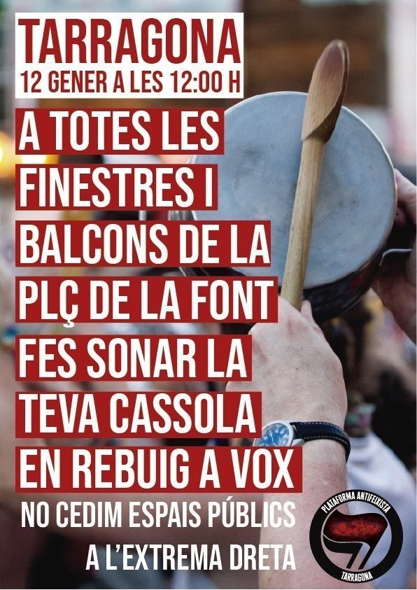 CDRCatOficial: 🔴 Cassolada Antifeixista a #Tarragona:

📅 Diumenge 12/01
🕚 12.00 h
📍 Plaça de la Font

#StopVOX 
#NoPassaran 
#CDRAntifeixista 
#CDRenXarxa