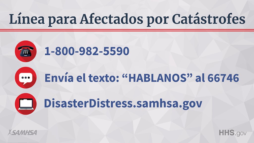 Línea para Afectados por Catastrófes:

1-800-982-5590
Envía el texto: "HABLANOS" al 66746
http://bit.ly/35GIgQ2