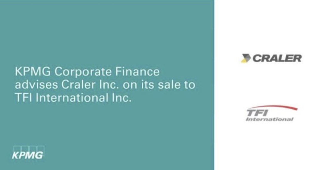 Benjie Thomas (@benjie_m_thomas) on Twitter photo Congratulations to <a href="/KPMG_Canada/">KPMG Canada</a>'s Corporate Finance team for leveraging their wealth of experience in the transportation services sector to act as M&A advisor to @Craler Inc on its sale to @TFI international Inc. Read more here: social.kpmg/mag37 #corporatefinance Congratulations to <a href="/KPMG_Canada/">KPMG Canada</a>'s Corporate Finance team for leveraging their wealth of experience in the transportation services sector to act as M&A advisor to @Craler Inc on its sale to @TFI international Inc. Read more here: social.kpmg/mag37 #corporatefinance