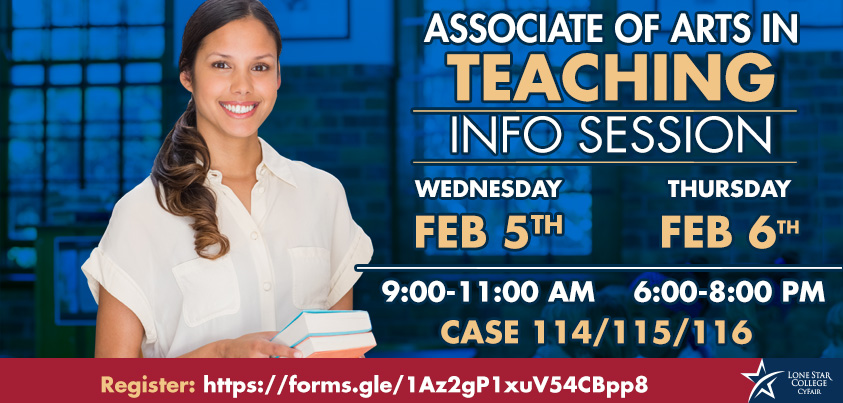 LSCCyFair's tweet photo. Are you interested in becoming a Texas certified teacher? Learn about LSC-CyFair's Teacher Education program on Feb 5 from 9-11AM or on Feb 6 from 6-8PM in CASA 114/115/116. https://t.co/E5Igtg7u4w