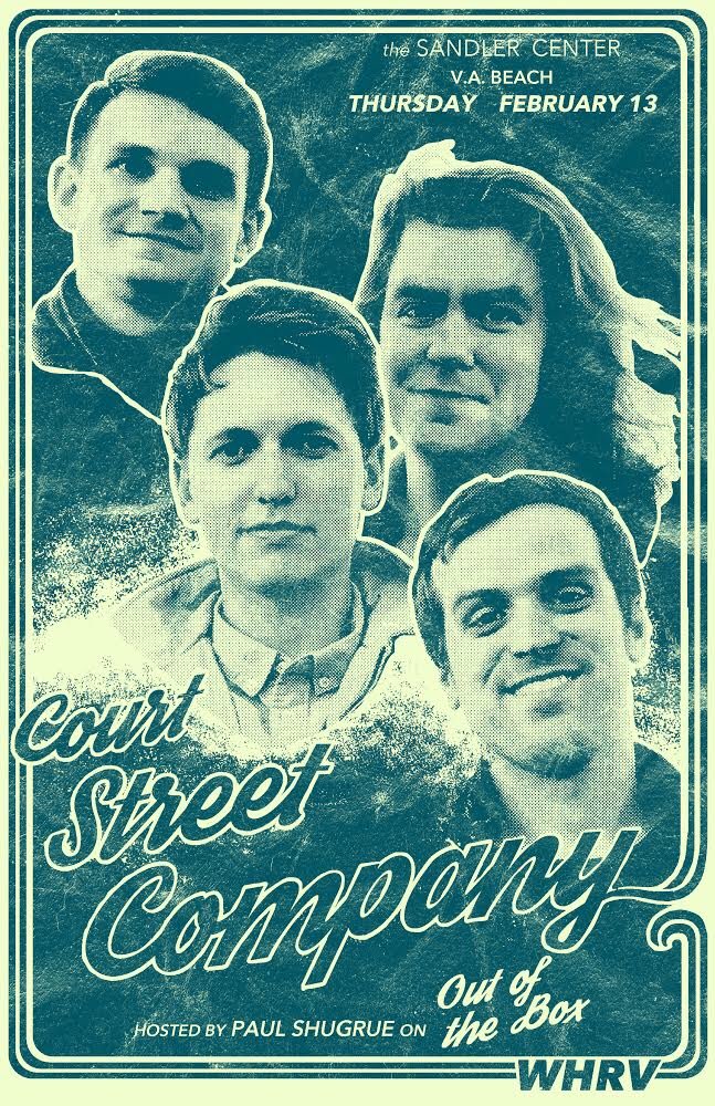CourtStCompany's tweet photo. We’re rocking at the @SandlerCenter on Thursday, February 13th for the Out of the Box Concert Series hosted by Paul Shugrue! Catch us live or tune into 89.5 WHRV-FM to hear us play a few songs on your radio. Admission is free! Poster by Harry Slater. 🤘 https://t.co/fod4jgZ526