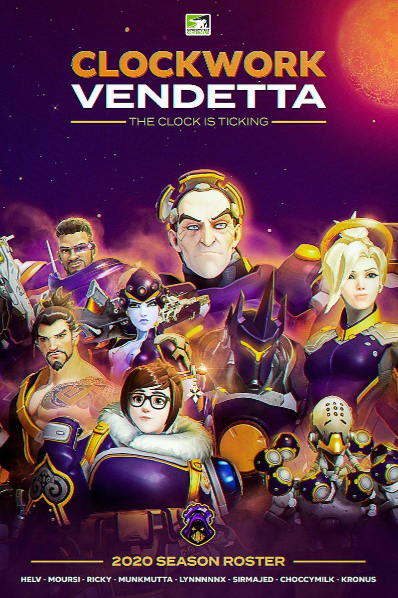 ClockVendetta's tweet image. We're more than thrilled to announce the finalized roster of Clockwork Vendetta! We're gonna work extra hard this season to make EU proud! 💪

🛡️@Helv_OW 
🛡️@moursi_ow 

⚔️@Ricky_ow 
⚔️@Munkmutta 
⚔️@lynx_ow 

💉@SirMajed9 
💉@ChoccyMilk_OW 
💉@Kronus_OW 

#ClocksOut