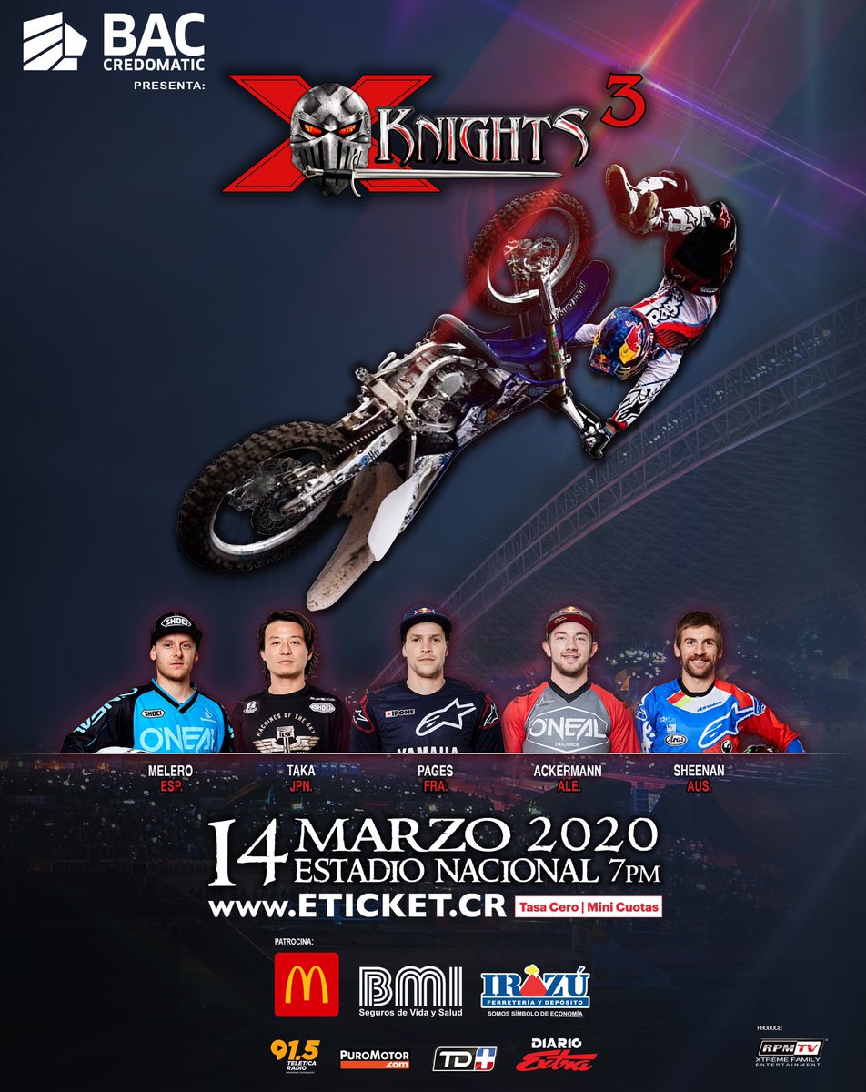 Los mejores pilotos de #FMX 🏍 del mundo 🌎,  Maikel Melero, Taka Higashino,  Tom Pagès,  Luc Ackermann,  Josh Sheehan
Te esperan en el Estadio Nacional 🏟 el sábado 14 de marzo con lo mejor de los DEPORTES EXTREMOS 
Entradas en eticket.cr 
TASA CERO o MINI CUOTAS.