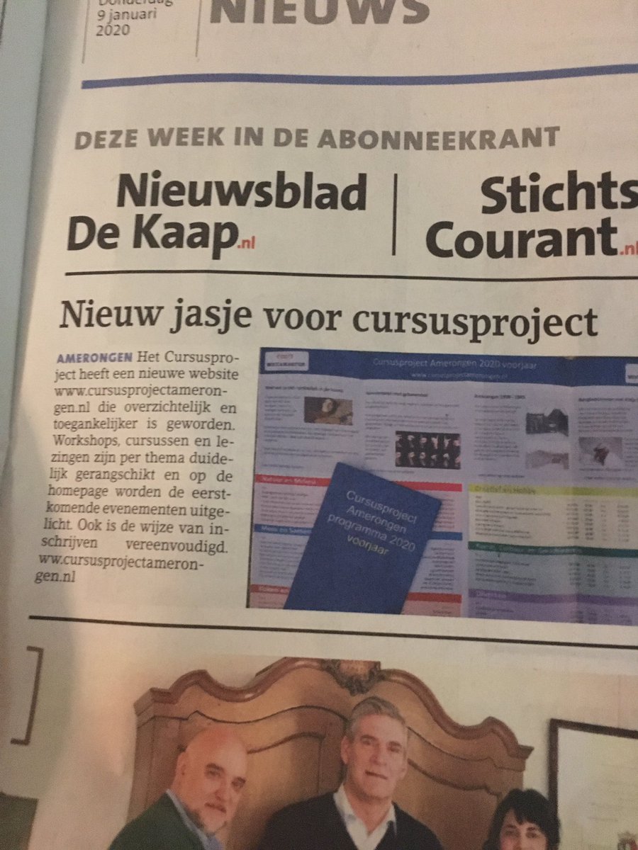 CPAmerongen's tweet photo. Blij! 🙃😄Een mooi bericht met foto vandaag in de Kaap (abonnement en de gratis verspreiding) over onze nieuwe website en ons programma voorjaar 2020. Inschrijven maar! https://t.co/OK57pHjbEO https://t.co/0QQz5ef3gT