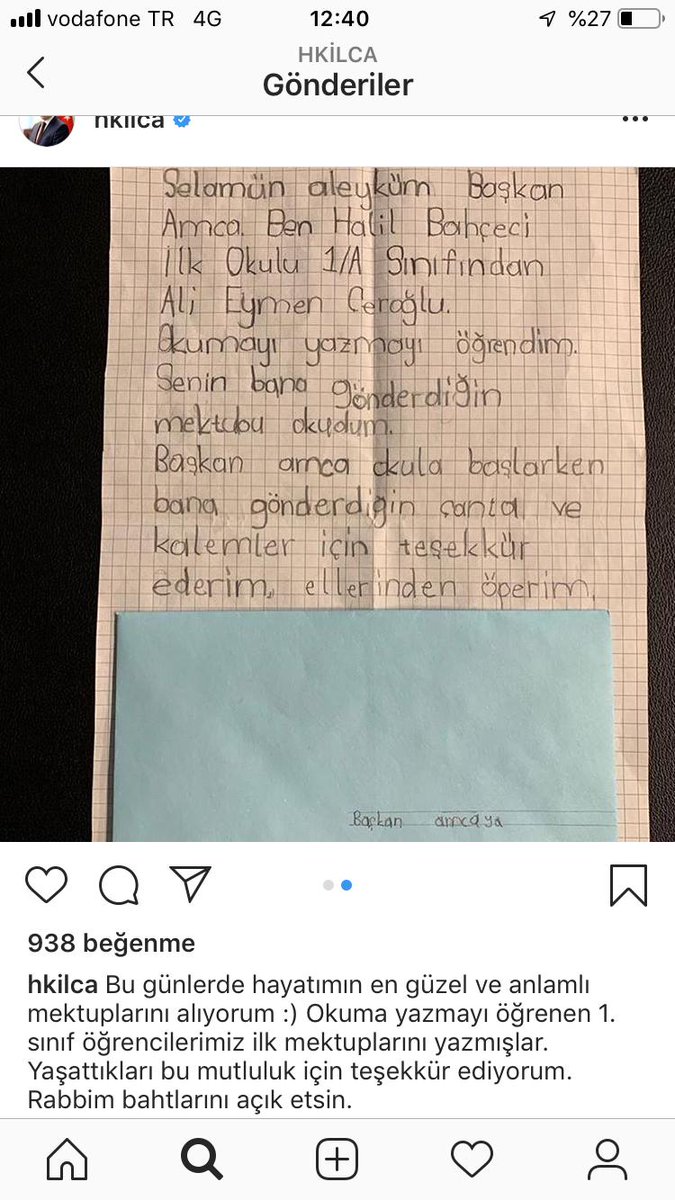 halilbahceciio's tweet photo. Okulumuz 1. sınıf öğrencisi Ali Eymen'in mektubunu başkanımızın paylaşması bizleri mutlu etti. https://t.co/PsoC0LbZbV