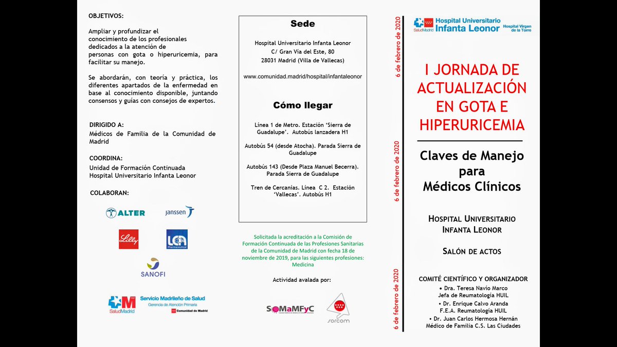 enriquecalvoA's tweet photo. Pido ayuda para difundir esta jornada de gota para médicos de familia que hemos organizado con mucha ilusión. Charlas interesantes y talleres prácticos de eco, microscopio y casos clínicos, todo muy interactivo. Jueves 6/2/2020 en Hospital Infanta Leonor, abierta ya inscripción! https://t.co/zP7VqErMin
