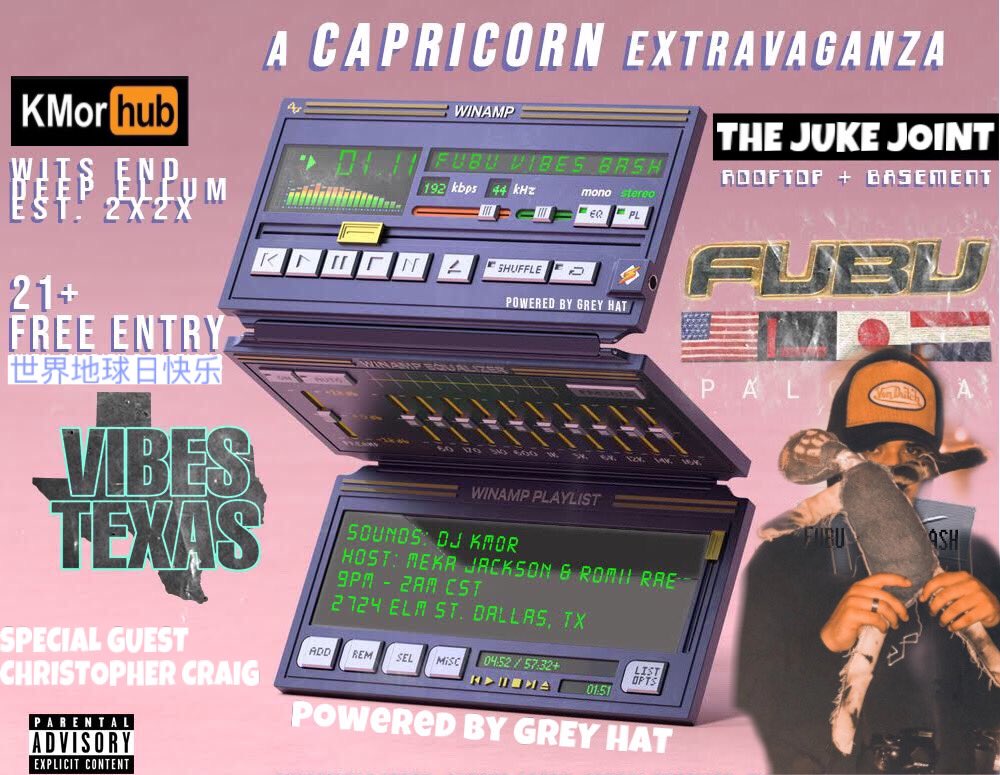 CcraigAOT's tweet photo. This Saturday come pop out celebrate Capricorn season ! My bday Saturday so it’s already going down ya dig !!#FubuVibesBash #FubuPalooza #VibesTexas Free Entry all night. 2 floors. Rooftop + Basement. No Dresscode . https://t.co/dU6bgXk8Lu