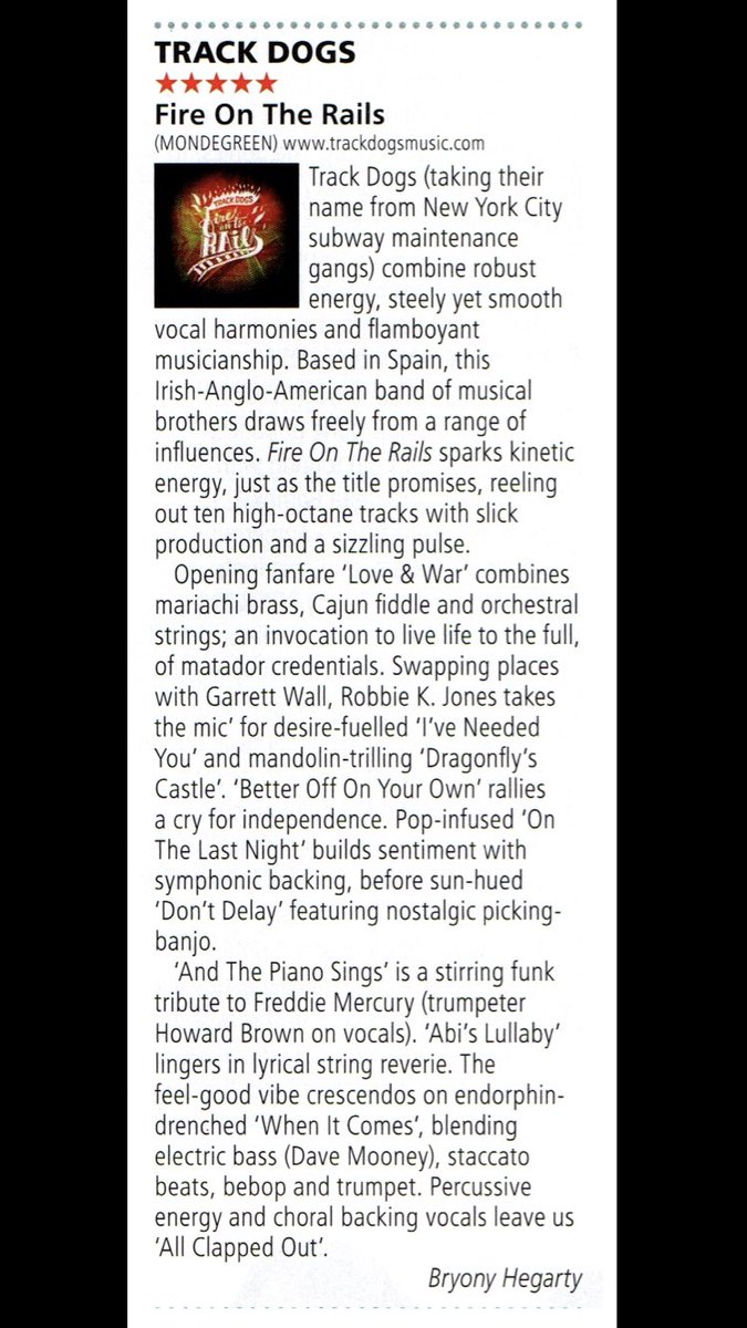 TrackDogsMusic's tweet photo. Wow! 🤩 Thrilled with this 5 ⭐️ from @RocknReelR2 Thanks so much for your words #BryonyHegarty #FireonTheRails https://t.co/6kZ6QHY7ky