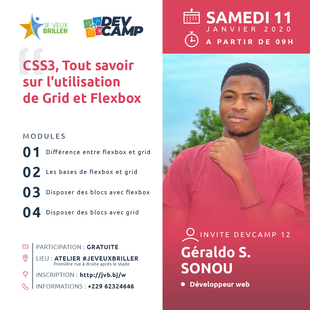 jvbriller's tweet photo. C’est parti. Premier #DevCamp de l’année 2020 avec @gerasonou, dev web à @lightbenin, sur le thème : #CSS3, tout savoir sur l’utilisation de Grid et FlexBox.
Rendez-vous samedi prochain. Inscription : https://t.co/PvfhlQZnt7

#devcampjvb #dev #jeveuxbriller #wasexo https://t.co/17Huu9taUF