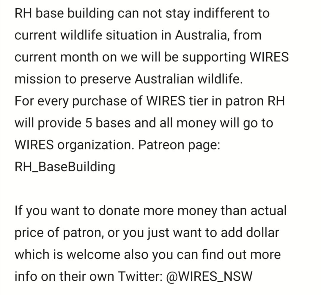 RHBaseBuilding's tweet photo. Subscribe on WIRES tier in our  patreon page where we will provide 5x TH13 bases and all earned money will be donated to @WIRES_NSW 

➡️https://t.co/QZ4UDOGQv1?

Also you can do your own donation. All require instruction is in their twitter page. 

Thank you dear people ❤️🙏 https://t.co/UXMSTHYGLu