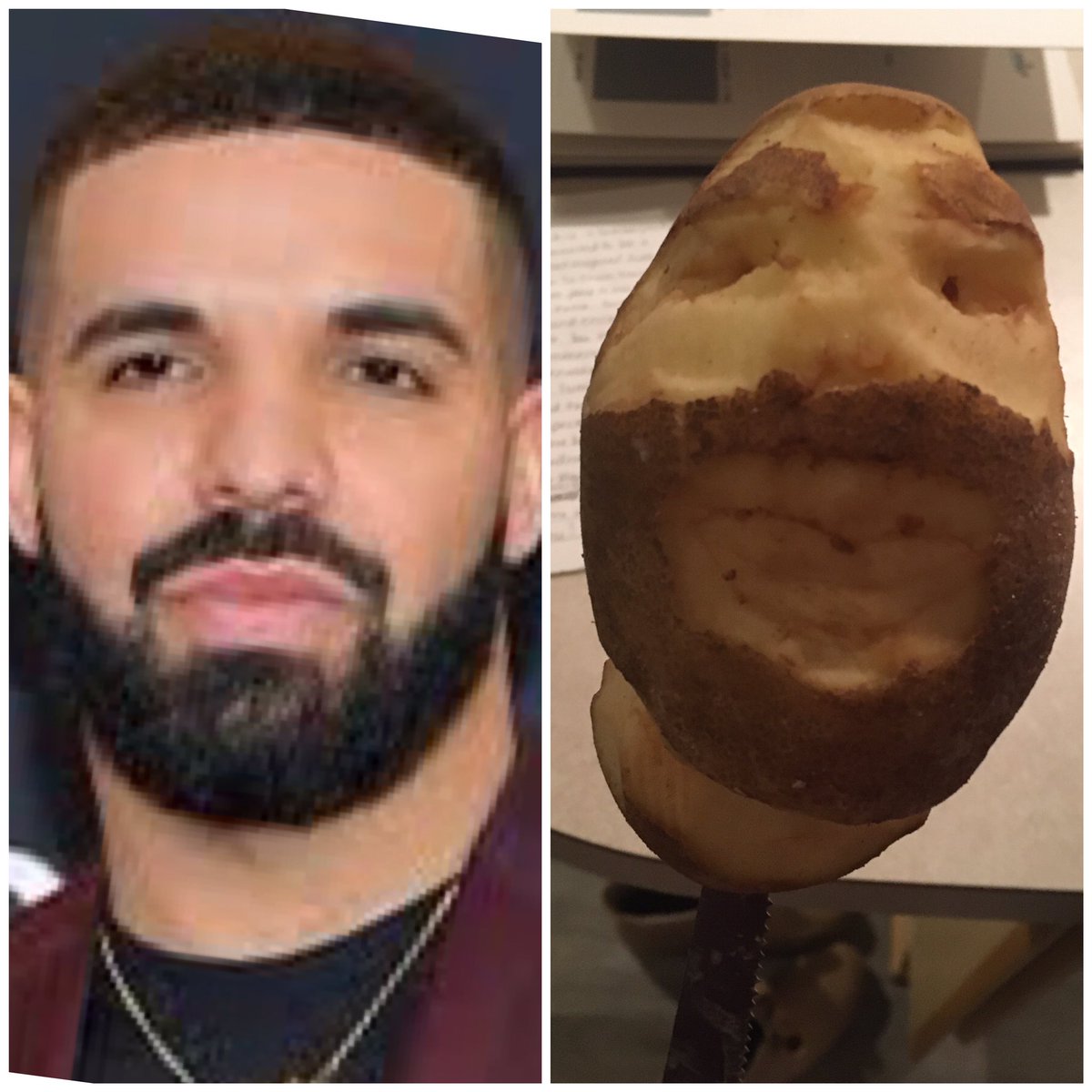 vawdthoughts's tweet photo. I carved a potato that accidentally looks like @Drake https://t.co/GxJ6GMqLlR