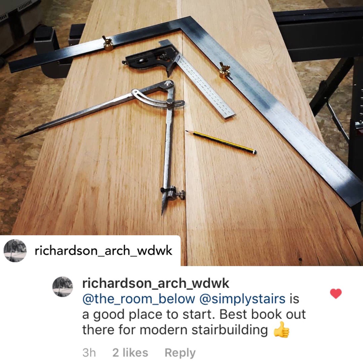 Posted <a href="/withrepost/">Repost app</a> • @richardson_arch_wdwk Tools of the trade for laying out stair strings. The steel square is a Gibson, fully machined, stainless steel framing square, given to me by my lovely wife for Christmas. #starrettcombinationsquare #joinery #carpentry #tools